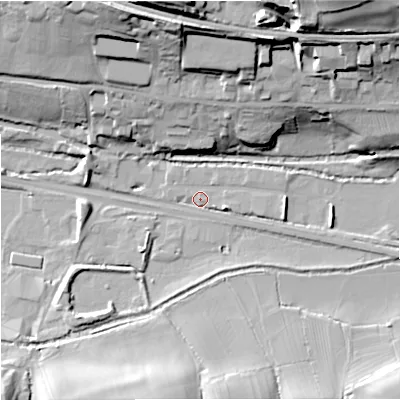 Shaded relief map of the ground around GL102LB, computed from Environment Agency LiDAR. The ground here sits at about 27 m above sea level and falls 39 m across the surrounding 800 m. Surface water reaching this point runs off ground lying to the east, 3.9 m higher.