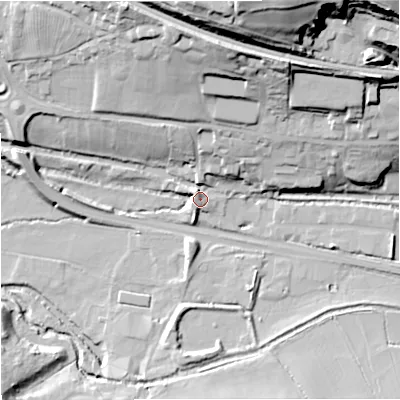 Shaded relief map of the ground around GL102LE, computed from Environment Agency LiDAR. The ground here sits at about 29 m above sea level and falls 52 m across the surrounding 800 m. Surface water reaching this point runs off ground lying to the north-north-east, 28.3 m higher.