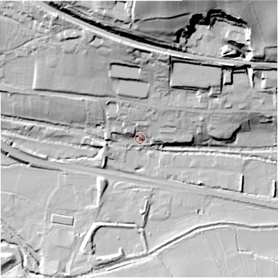 Shaded relief map of the ground around GL102LG, computed from Environment Agency LiDAR. The ground here sits at about 29 m above sea level and falls 56 m across the surrounding 800 m. Surface water reaching this point runs off ground lying to the north, 28.1 m higher.