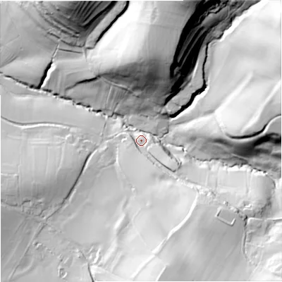 Shaded relief map of the ground around GL103DF, computed from Environment Agency LiDAR. The ground here sits at about 67 m above sea level and falls 63 m across the surrounding 800 m. Surface water reaching this point runs off ground lying to the north-north-east, 54.5 m higher.