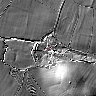 Shaded relief map of the ground around GL103DW, computed from Environment Agency LiDAR. The ground here sits at about 33 m above sea level and falls 34 m across the surrounding 800 m. Surface water reaching this point runs off ground lying to the south-east, 26.7 m higher.