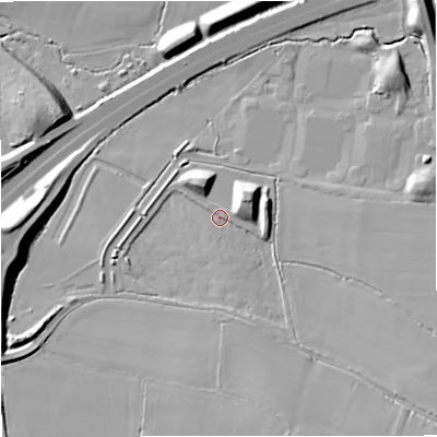Shaded relief map of the ground around GL103EZ, computed from Environment Agency LiDAR. The ground here sits at about 24 m above sea level and falls 16 m across the surrounding 800 m. Surface water reaching this point runs off ground lying to the south-east, 9.0 m higher.