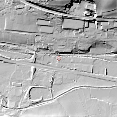 Shaded relief map of the ground around GL103HE, computed from Environment Agency LiDAR. The ground here sits at about 27 m above sea level and falls 48 m across the surrounding 800 m. Surface water reaching this point runs off ground lying to the north-north-west, 30.1 m higher.