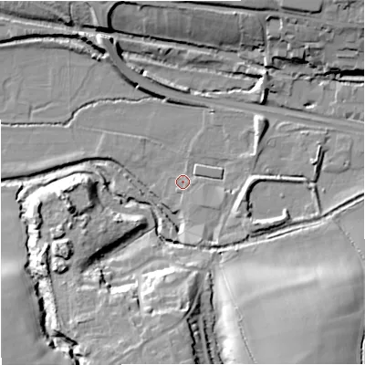 Shaded relief map of the ground around GL103HG, computed from Environment Agency LiDAR. The ground here sits at about 25 m above sea level and falls 23 m across the surrounding 800 m. Surface water reaching this point runs off ground lying to the south-east, 2.5 m higher.