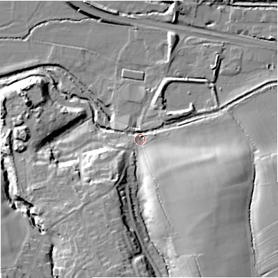 Shaded relief map of the ground around GL103HH, computed from Environment Agency LiDAR. The ground here sits at about 29 m above sea level and falls 25 m across the surrounding 800 m. Surface water reaching this point runs off ground lying to the south-south-east, 20.3 m higher.