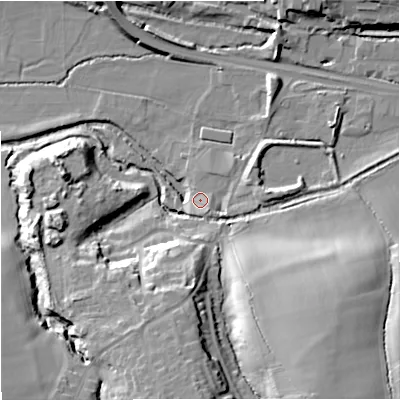 Shaded relief map of the ground around GL103HQ, computed from Environment Agency LiDAR. The ground here sits at about 27 m above sea level and falls 25 m across the surrounding 800 m. Surface water reaching this point runs off ground lying to the south-south-east, 3.1 m higher.