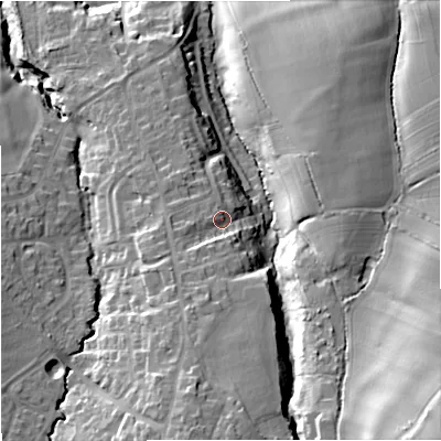 Shaded relief map of the ground around GL103HS, computed from Environment Agency LiDAR. The ground here sits at about 45 m above sea level and falls 40 m across the surrounding 800 m. Surface water reaching this point runs off ground lying to the south, 8.2 m higher.