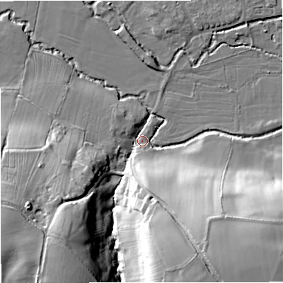 Shaded relief map of the ground around GL103QS, computed from Environment Agency LiDAR. The ground here sits at about 24 m above sea level and falls 31 m across the surrounding 800 m. Surface water reaching this point runs off ground lying to the south-south-east, 28.3 m higher.