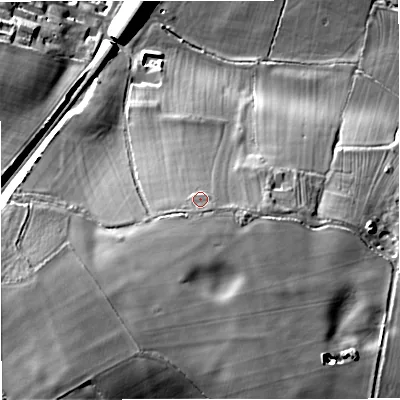 Shaded relief map of the ground around GL103QX, computed from Environment Agency LiDAR. The ground here sits at about 44 m above sea level and falls 35 m across the surrounding 800 m. Surface water reaching this point runs off ground lying to the south, 4.3 m higher.