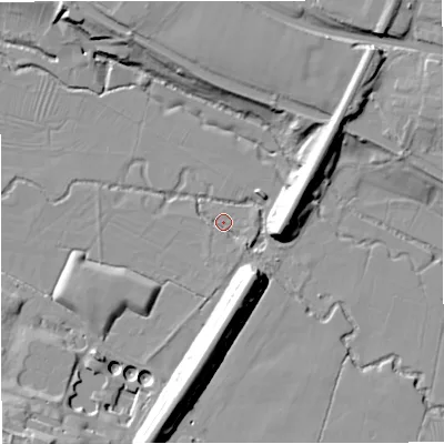 Shaded relief map of the ground around GL103QY, computed from Environment Agency LiDAR. The ground here sits at about 19 m above sea level and falls 19 m across the surrounding 800 m. Surface water reaching this point runs off ground lying to the south-east, 2.9 m higher.