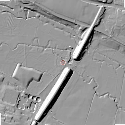 Shaded relief map of the ground around GL103QZ, computed from Environment Agency LiDAR. The ground here sits at about 20 m above sea level and falls 19 m across the surrounding 800 m. Surface water reaching this point runs off ground lying to the east-north-east, 2.6 m higher.