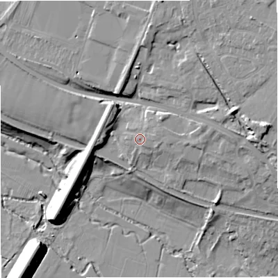 Shaded relief map of the ground around GL103RA, computed from Environment Agency LiDAR. The ground here sits at about 30 m above sea level and falls 19 m across the surrounding 800 m. Surface water reaching this point runs off ground lying to the east-north-east, 1.0 m higher.