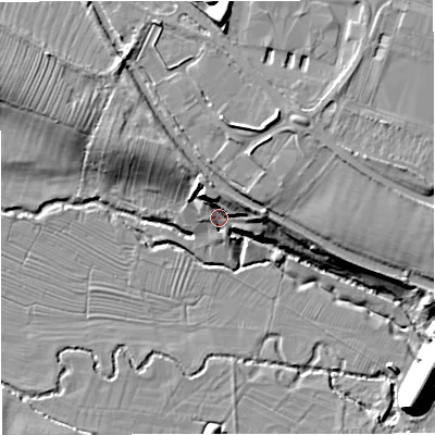 Shaded relief map of the ground around GL103RF, computed from Environment Agency LiDAR. The ground here sits at about 21 m above sea level and falls 17 m across the surrounding 800 m. Surface water reaching this point runs off ground lying to the north-north-west, 11.8 m higher.