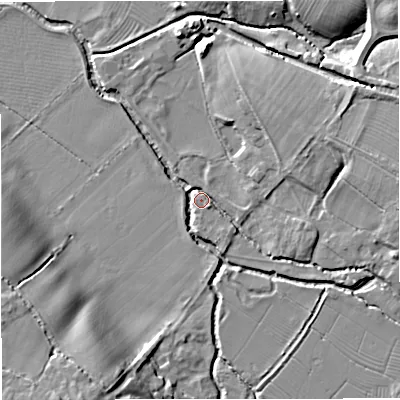 Shaded relief map of the ground around GL103RZ, computed from Environment Agency LiDAR. The ground here sits at about 15 m above sea level and falls 19 m across the surrounding 800 m. Surface water reaching this point runs off ground lying to the south-south-west, 17.5 m higher.