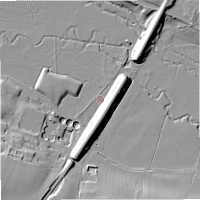 Shaded relief map of the ground around GL103UX, computed from Environment Agency LiDAR. The ground here sits at about 19 m above sea level and falls 21 m across the surrounding 800 m. Surface water reaching this point runs off ground lying to the north-east, 12.6 m higher.