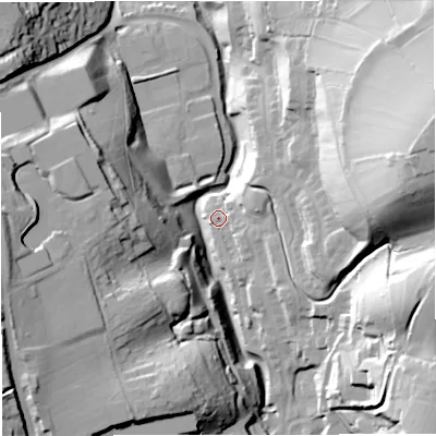 Shaded relief map of the ground around GL114FB, computed from Environment Agency LiDAR. The ground here sits at about 58 m above sea level and falls 54 m across the surrounding 800 m. Surface water reaching this point runs off ground lying to the south-east, 4.3 m higher.