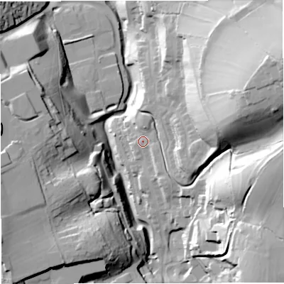 Shaded relief map of the ground around GL114FE, computed from Environment Agency LiDAR. The ground here sits at about 61 m above sea level and falls 56 m across the surrounding 800 m. Surface water reaching this point runs off ground lying to the north-north-east, 3.5 m higher.