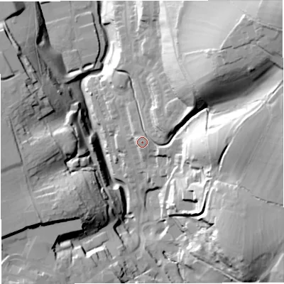 Shaded relief map of the ground around GL114FF, computed from Environment Agency LiDAR. The ground here sits at about 64 m above sea level and falls 55 m across the surrounding 800 m. Surface water reaching this point runs off ground lying to the north-east, 40.8 m higher.