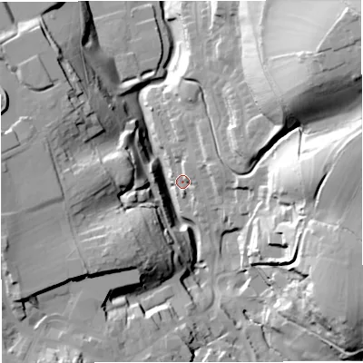 Shaded relief map of the ground around GL114FG, computed from Environment Agency LiDAR. The ground here sits at about 58 m above sea level and falls 54 m across the surrounding 800 m. Surface water reaching this point runs off ground lying to the east-north-east, 7.1 m higher.
