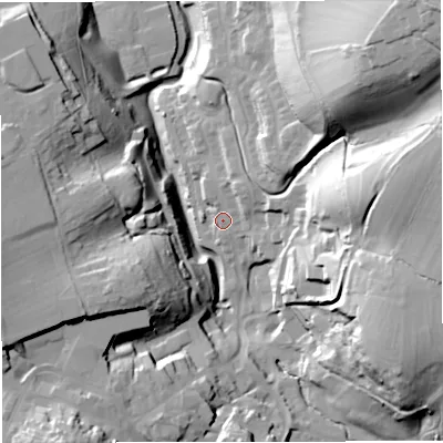 Shaded relief map of the ground around GL114FH, computed from Environment Agency LiDAR. The ground here sits at about 59 m above sea level and falls 54 m across the surrounding 800 m. Surface water reaching this point runs off ground lying to the north-east, 7.0 m higher.