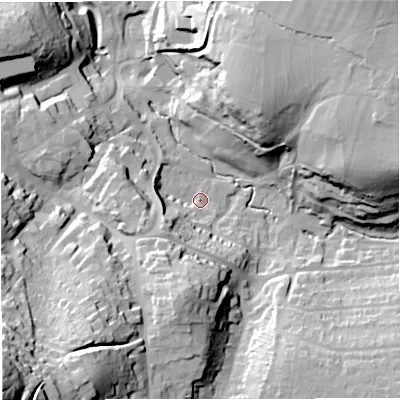 Shaded relief map of the ground around GL114GD, computed from Environment Agency LiDAR. The ground here sits at about 61 m above sea level and falls 86 m across the surrounding 800 m. Surface water reaching this point runs off ground lying to the south-west, 16.3 m higher.