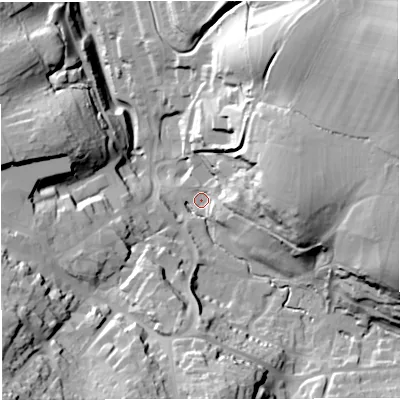Shaded relief map of the ground around GL114JD, computed from Environment Agency LiDAR. The ground here sits at about 58 m above sea level and falls 52 m across the surrounding 800 m. Surface water reaching this point runs off ground lying to the south-west, 43.8 m higher.