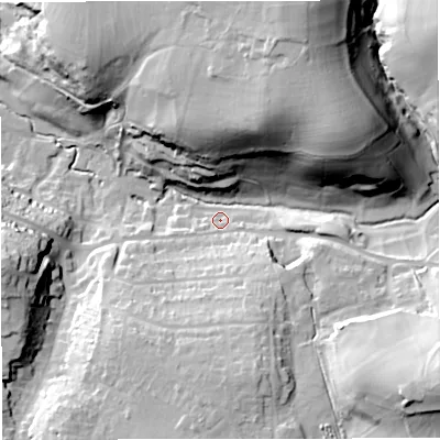 Shaded relief map of the ground around GL114NE, computed from Environment Agency LiDAR. The ground here sits at about 65 m above sea level and falls 41 m across the surrounding 800 m. Surface water reaching this point runs off ground lying to the north-north-east, 35.1 m higher.