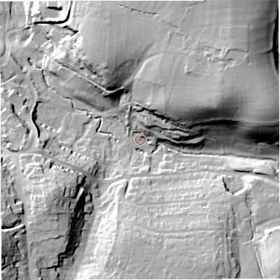 Shaded relief map of the ground around GL115AB, computed from Environment Agency LiDAR. The ground here sits at about 62 m above sea level and falls 47 m across the surrounding 800 m. Surface water reaching this point runs off ground lying to the north-east, 38.1 m higher.