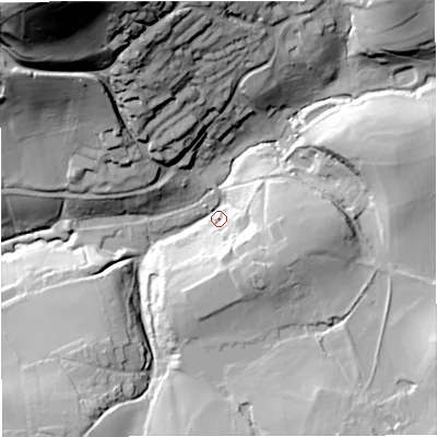 Shaded relief map of the ground around GL115BN, computed from Environment Agency LiDAR. The ground here sits at about 88 m above sea level and falls 85 m across the surrounding 800 m. Surface water reaching this point runs off ground lying to the south-south-east, 23.3 m higher.