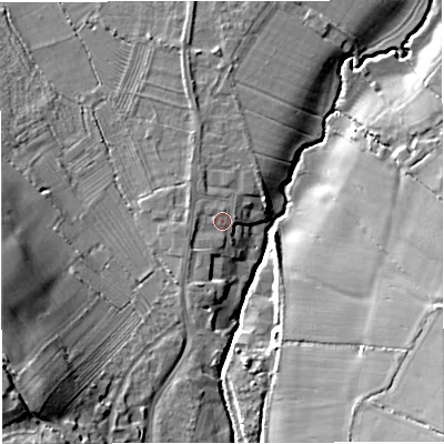 Shaded relief map of the ground around GL115DQ, computed from Environment Agency LiDAR. The ground here sits at about 32 m above sea level and falls 22 m across the surrounding 800 m. Surface water reaching this point runs off ground lying to the south-south-west, 1.8 m higher.