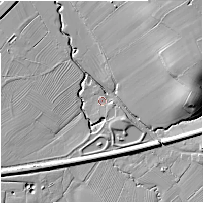 Shaded relief map of the ground around GL115DS, computed from Environment Agency LiDAR. The ground here sits at about 19 m above sea level and falls 26 m across the surrounding 800 m. Surface water reaching this point runs off ground lying to the west-north-west, 1.1 m higher.