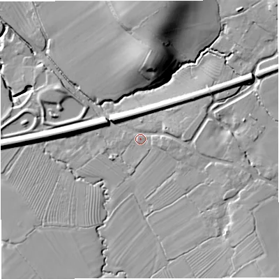 Shaded relief map of the ground around GL115DT, computed from Environment Agency LiDAR. The ground here sits at about 25 m above sea level and falls 25 m across the surrounding 800 m. Surface water reaching this point runs off ground lying to the east, 6.3 m higher.