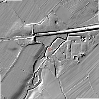 Shaded relief map of the ground around GL115DW, computed from Environment Agency LiDAR. The ground here sits at about 23 m above sea level and falls 13 m across the surrounding 800 m. Surface water reaching this point runs off ground lying to the south, 13.3 m higher.