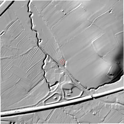 Shaded relief map of the ground around GL115ES, computed from Environment Agency LiDAR. The ground here sits at about 19 m above sea level and falls 26 m across the surrounding 800 m. Surface water reaching this point runs off ground lying to the east-north-east, 21.0 m higher.