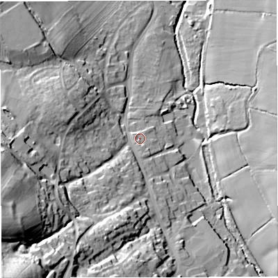 Shaded relief map of the ground around GL115LH, computed from Environment Agency LiDAR. The ground here sits at about 37 m above sea level and falls 46 m across the surrounding 800 m. Surface water reaching this point runs off ground lying to the south, 1.1 m higher.