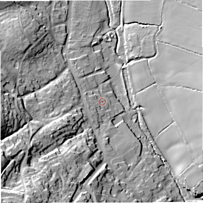 Shaded relief map of the ground around GL115LP, computed from Environment Agency LiDAR. The ground here sits at about 37 m above sea level and falls 44 m across the surrounding 800 m. Surface water reaching this point runs off ground lying to the west-south-west, 3.8 m higher.