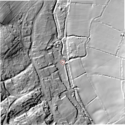 Shaded relief map of the ground around GL115LQ, computed from Environment Agency LiDAR. The ground here sits at about 34 m above sea level and falls 35 m across the surrounding 800 m. Surface water reaching this point runs off ground lying to the south-west, 29.2 m higher.