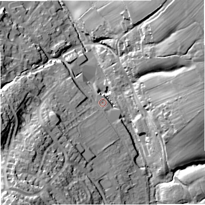 Shaded relief map of the ground around GL115NN, computed from Environment Agency LiDAR. The ground here sits at about 42 m above sea level and falls 47 m across the surrounding 800 m. Surface water reaching this point runs off ground lying to the south-west, 38.4 m higher.