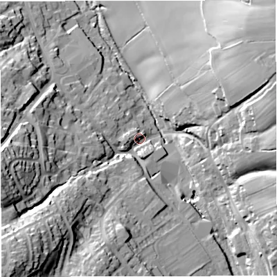 Shaded relief map of the ground around GL115NP, computed from Environment Agency LiDAR. The ground here sits at about 40 m above sea level and falls 44 m across the surrounding 800 m. Surface water reaching this point runs off ground lying to the south-west, 40.8 m higher.