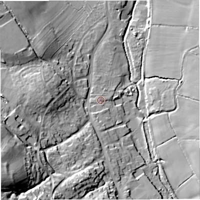 Shaded relief map of the ground around GL115NQ, computed from Environment Agency LiDAR. The ground here sits at about 36 m above sea level and falls 45 m across the surrounding 800 m. Surface water reaching this point runs off ground lying to the south, 2.3 m higher.