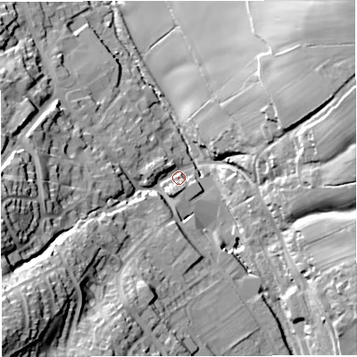 Shaded relief map of the ground around GL115NR, computed from Environment Agency LiDAR. The ground here sits at about 38 m above sea level and falls 43 m across the surrounding 800 m. Surface water reaching this point runs off ground lying to the south-west, 38.9 m higher.