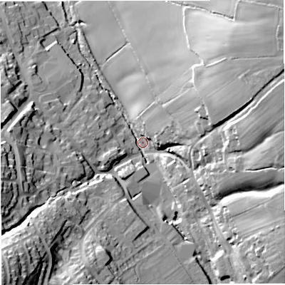 Shaded relief map of the ground around GL115NS, computed from Environment Agency LiDAR. The ground here sits at about 37 m above sea level and falls 40 m across the surrounding 800 m. Surface water reaching this point runs off ground lying to the south-west, 38.6 m higher.