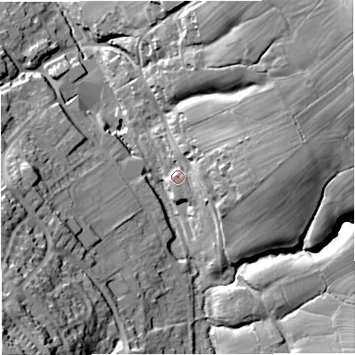 Shaded relief map of the ground around GL115PA, computed from Environment Agency LiDAR. The ground here sits at about 46 m above sea level and falls 45 m across the surrounding 800 m. Surface water reaching this point runs off ground lying to the north-east, 32.9 m higher.