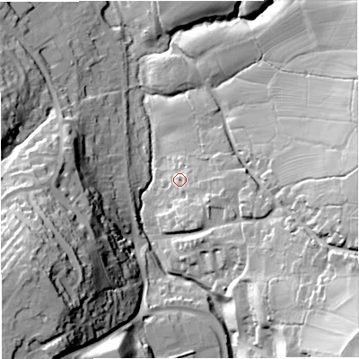 Shaded relief map of the ground around GL115PH, computed from Environment Agency LiDAR. The ground here sits at about 49 m above sea level and falls 45 m across the surrounding 800 m. Surface water reaching this point runs off ground lying to the east, 8.0 m higher.