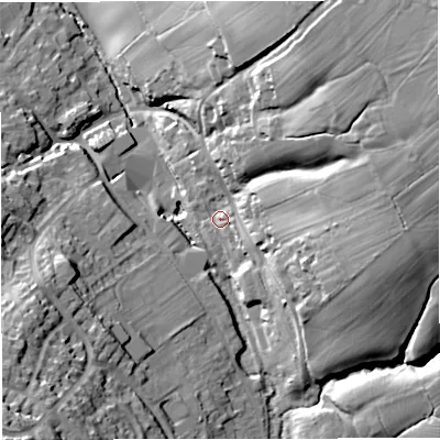 Shaded relief map of the ground around GL115PT, computed from Environment Agency LiDAR. The ground here sits at about 43 m above sea level and falls 41 m across the surrounding 800 m. Surface water reaching this point runs off ground lying to the north-east, 33.2 m higher.