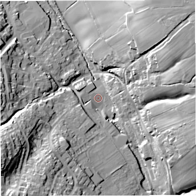Shaded relief map of the ground around GL115PW, computed from Environment Agency LiDAR. The ground here sits at about 38 m above sea level and falls 39 m across the surrounding 800 m. Surface water reaching this point runs off ground lying to the west-south-west, 34.4 m higher.