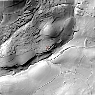 Shaded relief map of the ground around GL115SP, computed from Environment Agency LiDAR. The ground here sits at about 106 m above sea level and falls 67 m across the surrounding 800 m. Surface water reaching this point runs off ground lying to the north, 15.6 m higher.