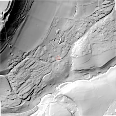 Shaded relief map of the ground around GL115TB, computed from Environment Agency LiDAR. The ground here sits at about 104 m above sea level and falls 141 m across the surrounding 800 m. Surface water reaching this point runs off ground lying to the north-west, 117.0 m higher.