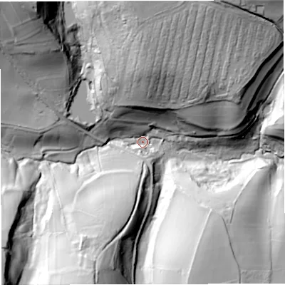 Shaded relief map of the ground around GL116AY, computed from Environment Agency LiDAR. The ground here sits at about 49 m above sea level and falls 58 m across the surrounding 800 m. Surface water reaching this point runs off ground lying to the north-north-east, 53.1 m higher.