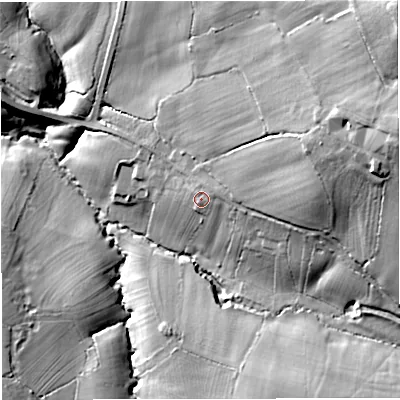 Shaded relief map of the ground around GL116BA, computed from Environment Agency LiDAR. The ground here sits at about 40 m above sea level and falls 61 m across the surrounding 800 m. Surface water reaching this point runs off ground lying to the east-north-east, 3.0 m higher.
